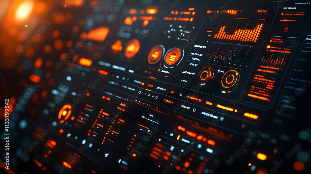Poster futuristic digital interface displaying data analytics and visualizations.