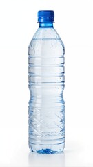 Transparent plastic bottle of water with droplets on a white background
