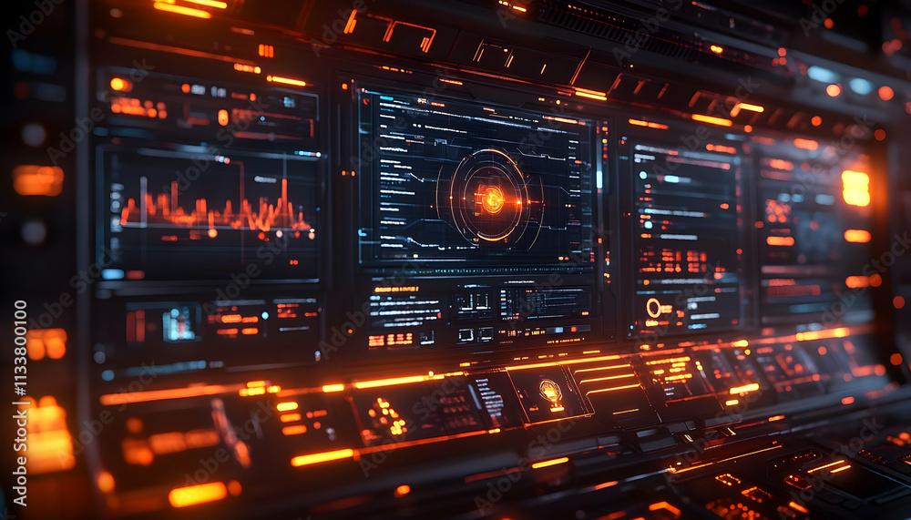 Poster futuristic control panel with glowing interfaces and data displays.