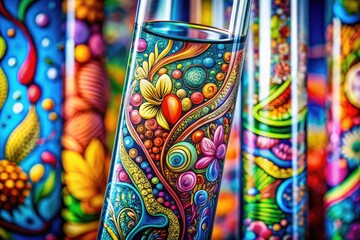 Macro lens reveals whimsical, colorful scientific drawings within test tubes.
