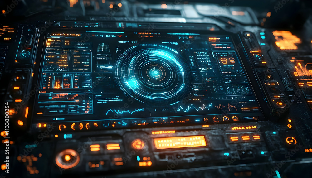 Poster futuristic control panel with glowing interfaces and data displays.