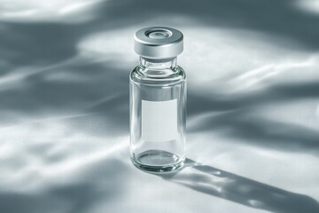 Glass vial with silver cap on soft surface and shadow play