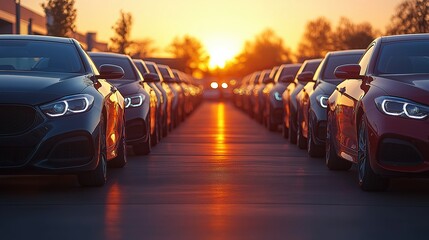 Sunset Over a Row of Modern Luxury Cars