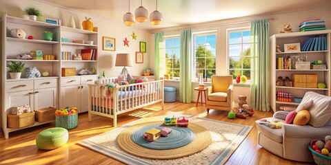 Panoramic photography highlights adorable nursery décor, baby essentials, and creative kids' room design.