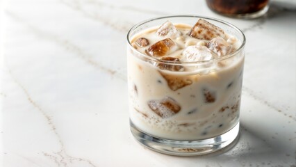 Iced coffee drink with cream and ice cubes in a stylish glass on marble surface