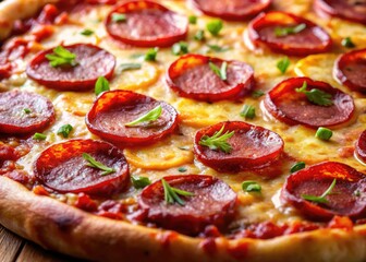 Savory salami pizza photographed; a mouthwatering gourmet food shoot, highlighting its irresistible appeal.