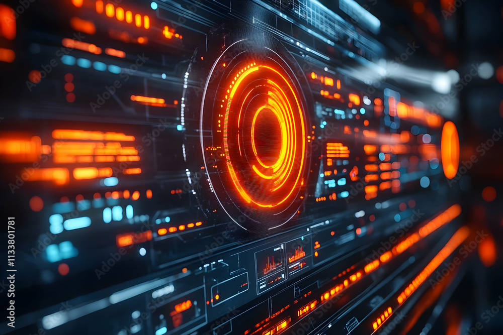 Poster futuristic digital interface with glowing elements and data visualization.