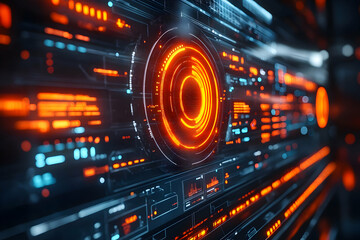 Obraz premium Futuristic digital interface with glowing elements and data visualization.