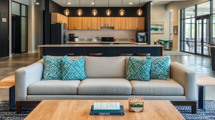 Lounge with couch, coffee table, and kitchen background.