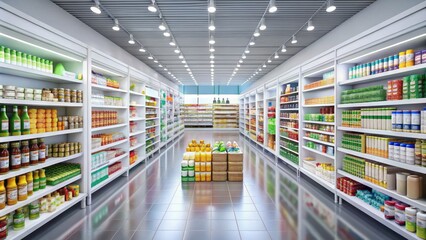 Crisp white shelves stock a realistic grocery aisle in this 3D-rendered supermarket mockup.