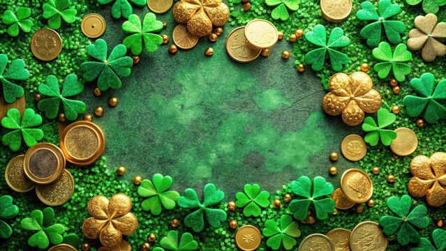 St Patrick's Day themed flatlay background with green clovers and gold coins, St Patrick, flatlay, background, green