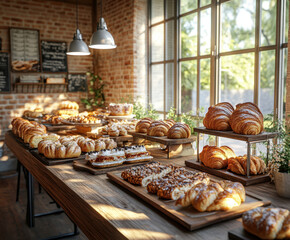 buffet table filled with artisanal bread, pastries, and croissants, showcasing variety of baked goods in warm, inviting bakery setting. natural light enhances delicious display