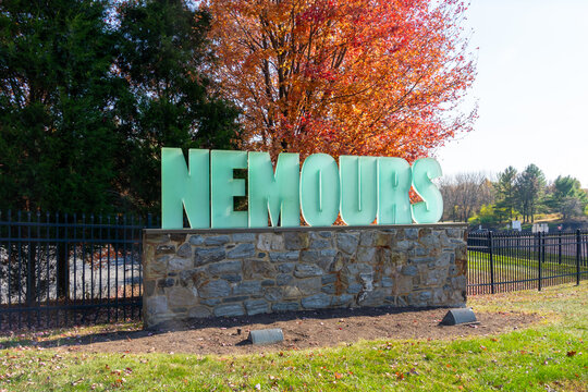 Nemours sign is seen in Wilmington, Delaware, USA, November 5, 2023. The Nemours Estate is a 200-acre country estate with jardin &agrave; la fran&ccedil;aise formal gardens and a French neoclassical mansion. 
