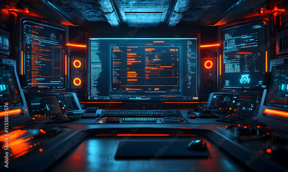 Poster futuristic control room with multiple screens displaying data and analytics.