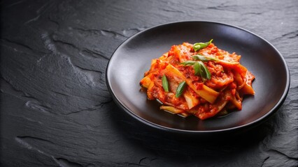 Tomato kimchi served on a sleek black plate , Korean cuisine, food photography, fresh vegetables