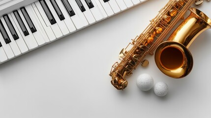 Elegant Arrangement of a Gold Saxophone and Brass Trumpet beside Piano Keys and White Golf Balls on a Minimalist Background