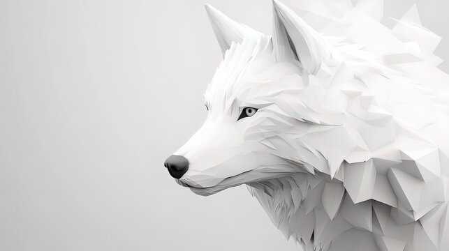 Low-poly white wolf head, digital art.