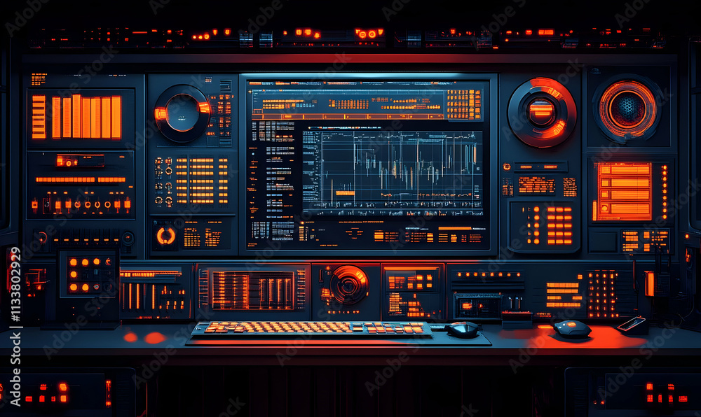 Poster a futuristic control panel with glowing displays and controls for data analysis.