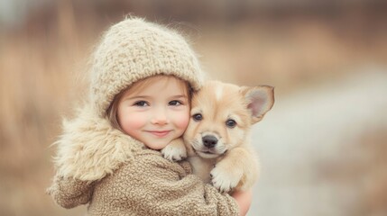A little girl with a playful smile hugs a fluffy puppy in a cozy, natural environment filled with soft light and warmth