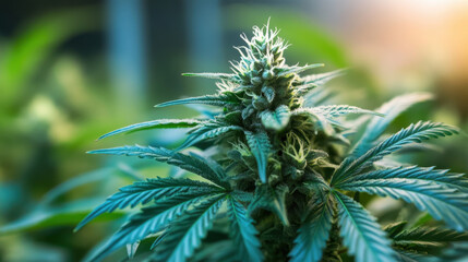 close up of cannabis plant showcasing its vibrant green leaves and intricate buds, highlighting beauty of nature and details of growth