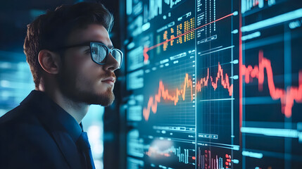 Professional working on futuristic digital trading interface with data charts and graphs in a modern financial environment