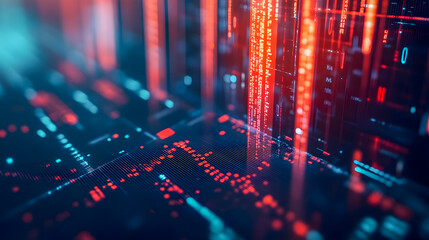 Obraz premium Abstract futuristic digital landscape in blue and red tones featuring data streams, glowing lines, and a technology-inspired aesthetic