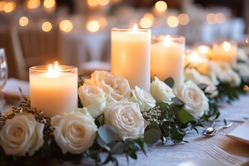 Elegant candle centerpieces with white roses create romantic atmosphere for wedding or event. soft glow of candles enhances beauty of floral arrangement