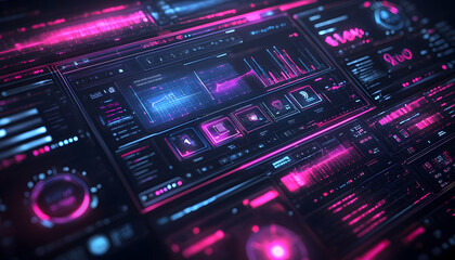 Obraz premium A futuristic digital interface featuring graphs, data visualizations, and neon colors.