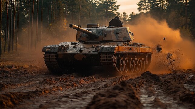 Dynamic Military Tank in Action on Rough Terrain