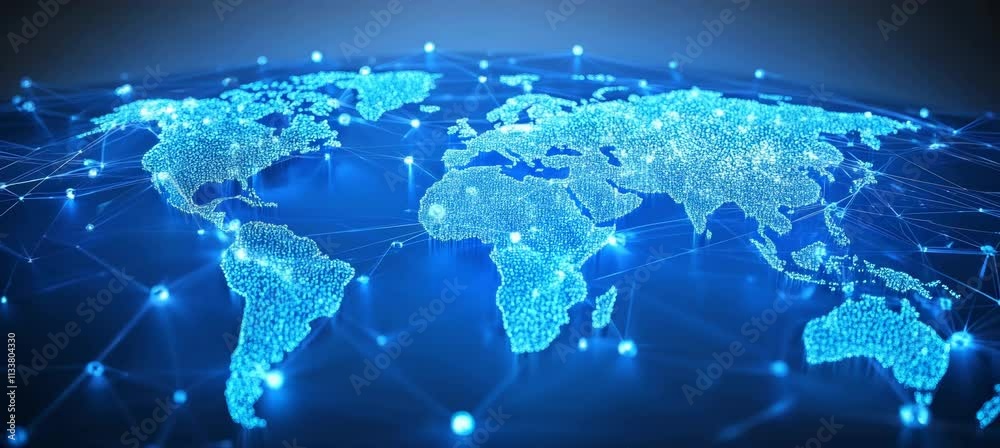Poster Digital hologram world map. Global internet network telecom and communication. Generative AI technology.	