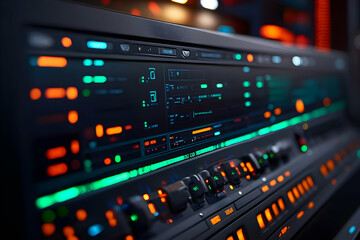 A close-up of a digital control panel with vibrant lights and buttons for technical operations.