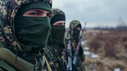 Group of masked individuals in camouflage clothing standing in rugged terrain with weapons, symbolizing resistance and rebellion, strong determined expressions.