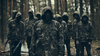 Group of masked individuals in camouflage clothing standing in rugged terrain with weapons, symbolizing resistance and rebellion, strong determined expressions.