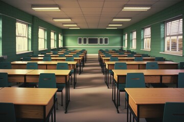 A brightly lit classroom filled with desks, chairs, and educational materials for learning