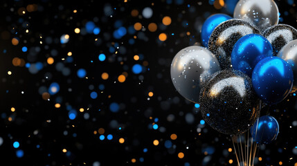 Festive balloons in blue, silver, and black create vibrant celebration atmosphere with sparkling confetti. Perfect for parties and special occasions