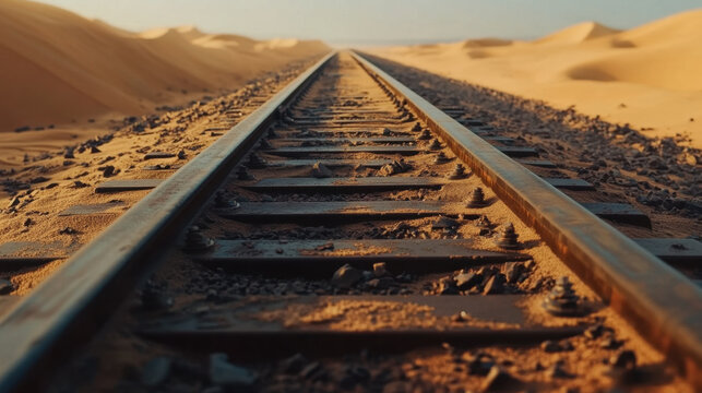 Extreme close up of railway tracks in desert landscape, showcasing rusted metal and sandy surroundings. scene evokes sense of isolation and adventure