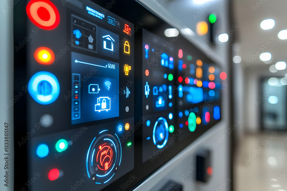 Poster a close-up of a modern control panel featuring various digital interfaces and indicators.