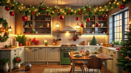 Festive Christmas kitchen banner, cozy modern style. Low-light photography captures holiday charm.