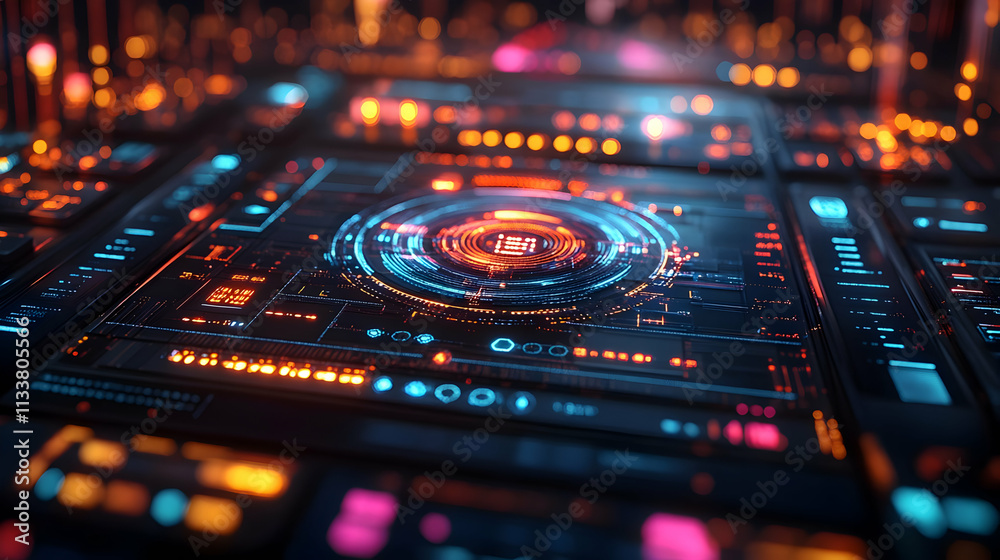 Poster a futuristic digital interface with glowing elements and intricate patterns.