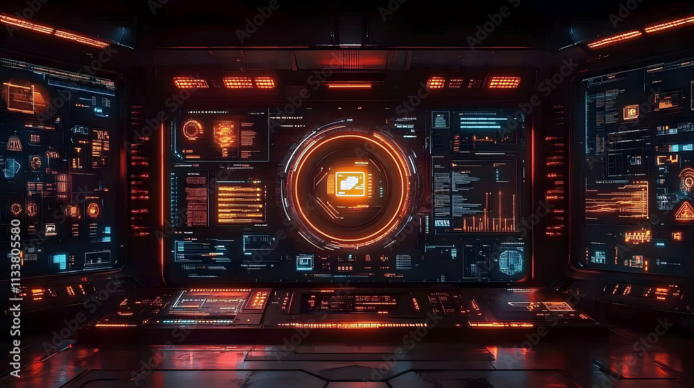Poster futuristic control interface with glowing elements and data displays.