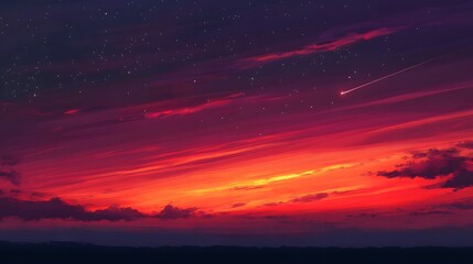 Fototapeta premium Fiery Sunset Sky With Shooting Star And Distant Hills