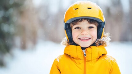 Joyful child with a bright smile and helmet enjoys skiing in a snowy landscape during wintertime activities