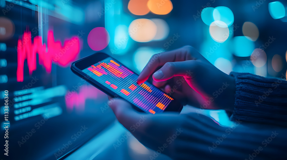 Poster person using smartphone to analyze data metrics with colorful digital charts and graphs in a modern 