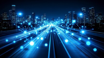 Conceptual design of connected dots and motion lines representing AI technology-driven communication networks glowing in a sleek and modern 3D rendering.