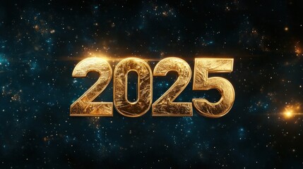 Golden '2025' on a galaxy background with shining lights.