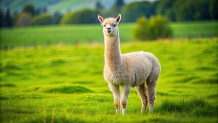 Fototapeta premium Very beautiful calm and cute alpaca standing in a green pasture, alpaca, cute, fluffy, adorable, llama, animal, farm, domestic