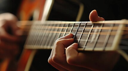 Fototapeta premium Close up of fingers playing acoustic guitar