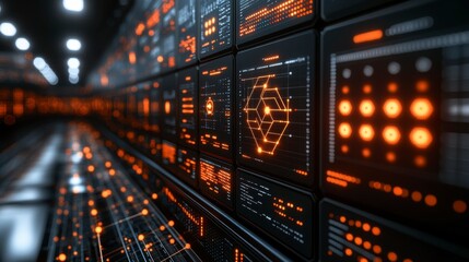 Naklejka premium Digital technology visualization with abstract hexagon grids and connecting lines and dots representing big data AI and modern data flow concepts in an artistic style.