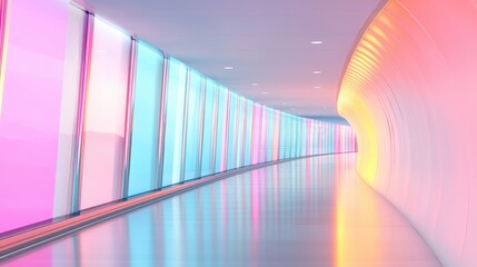 A long, curved corridor features luminous neon lights reflecting off smooth surfaces, creating a vibrant and immersive atmosphere