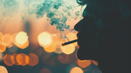 Fototapeta premium A solitary figure exhales smoke while enjoying a cigarette, surrounded by vibrant bokeh lights of the city at night